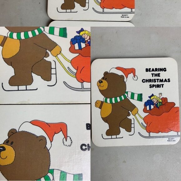 Vintage Christmas Coasters Bears Set Of 6 Winter Holiday  Decor - Picture 10 of 11